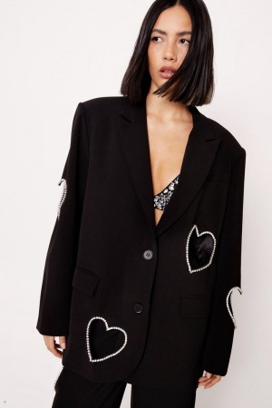 Blejzr Nasty Gal Premium Cut Out Embellished Heart Satin Černé | CZ 3268-HSLFR