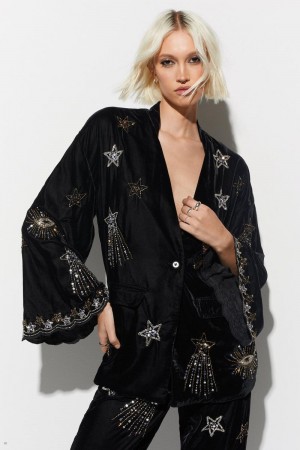 Blejzr Nasty Gal Premium Velvet Embellished Celestial Černé | CZ 6320-DVTIX