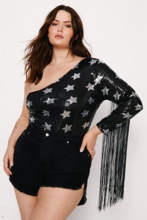 Body Nasty Gal Plus Velikost One Shoulder Star Sequin Fringe Černé Bílé | CZ 1765-MBSGU