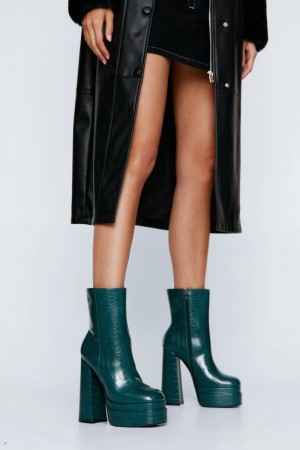 Boty Nasty Gal Faux Croc Double Platformy Podpatku Ankle Zelene | CZ 9546-KPONQ