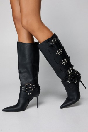 Boty Nasty Gal Faux Læder Přezkou Detail Pointed Špicí Knee High Černé | CZ 9830-GBNRV