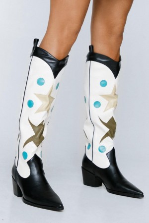 Boty Nasty Gal Faux Læder Star Knee High Cowboy Černé | CZ 3187-YPNKW