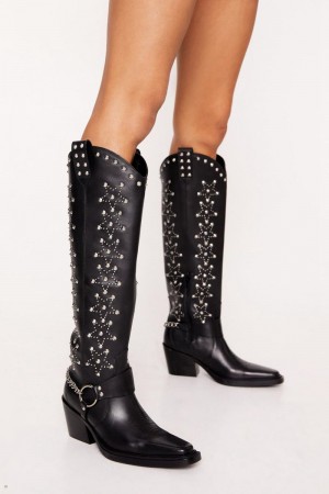 Boty Nasty Gal Læder Star Studded Knee High Cowboy Černé | CZ 7450-AEDOL