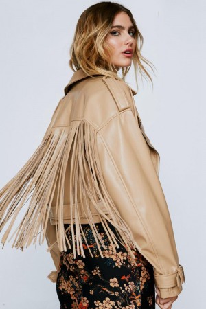 Bunda Nasty Gal Faux Læder Fringed Back Moto Béžový | CZ 8940-OBISL