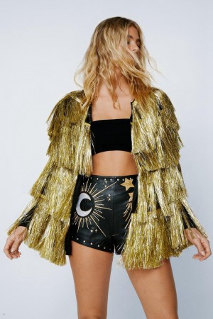 Bunda Nasty Gal Metallic Open Front Tiered Tinsel Fringe Zlaté | CZ 6581-CWGBM