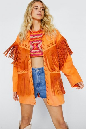 Bunda Nasty Gal Premium Lattice Fringe Denim Oranžové | CZ 7421-DUOMN