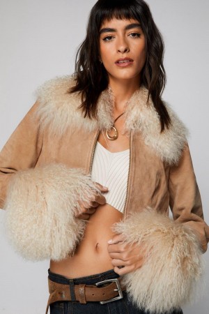 Bunda Nasty Gal Premium Semišové Shearling Cropped Afghan Béžový | CZ 9371-DXZJG