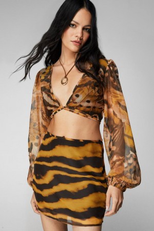 Crop Top Nasty Gal Animal Print Tie Front Hnědé | CZ 6240-ODLUA