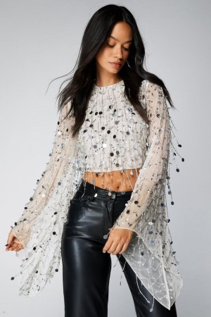 Crop Top Nasty Gal Flare Sleeve Disc Tassel Beaded Stříbrné | CZ 4150-HGQCX