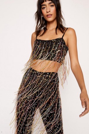 Crop Top Nasty Gal Sequin Tassel Beaded Černé | CZ 8137-QSAEP