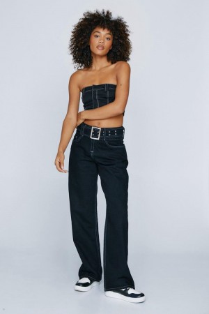 Džíny Nasty Gal Contrast Stitch Belted Široké Leg Černé | CZ 1930-JKNQR