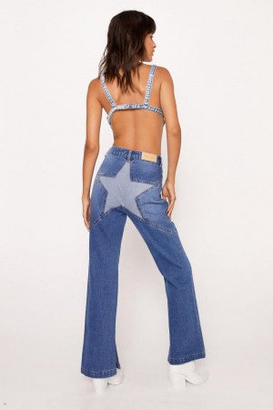 Džíny Nasty Gal Denim Star Bum Detail Flare Blankyt | CZ 9580-HZDEF