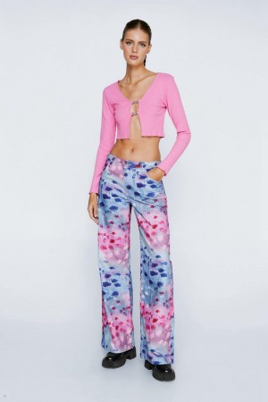 Džíny Nasty Gal Floral Print Slouchy Široké Leg Růžové | CZ 6185-CJATY