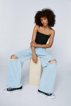 Džíny Nasty Gal Petite Busted Knee Denim Široké Leg Baggy Světle Blankyt | CZ 4809-DWVOY