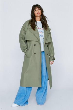 Kabáty Nasty Gal Plus Velikost Premium Double Layer Twill Trench Olivy Zelené | CZ 7581-MTWXZ