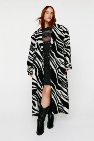 Kabáty Nasty Gal Plus Velikost Zebra Print Vlna Blend Tailored Černé Bílé | CZ 5720-XHKVR
