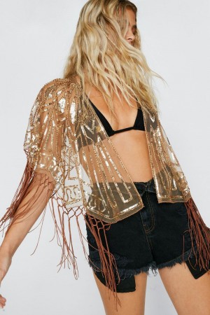 Kabáty Nasty Gal Sequin Embellished Fringed Cape Růžové Zlaté | CZ 8163-VJEMK