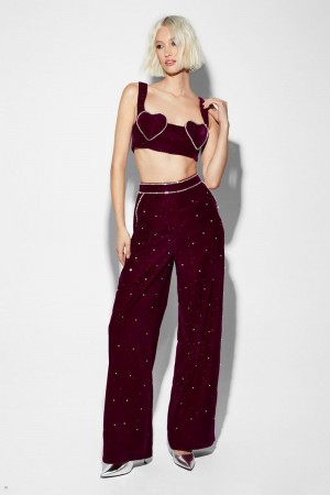 Kalhoty Nasty Gal Premium Velvet Tailored Embellished Vínové | CZ 6902-STXKV