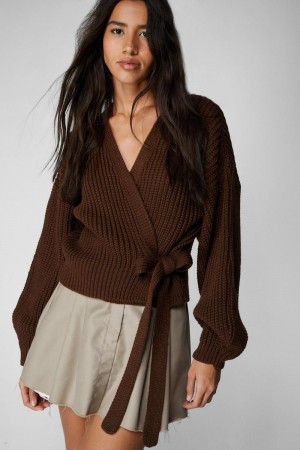 Kardigan Nasty Gal Balloon Sleeve Wrap Knit Čokolády | CZ 1608-GZRLU