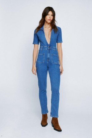 Kombinéza Nasty Gal Deep V Neck Denim Boilersuit Blankyt | CZ 4238-ORHBK