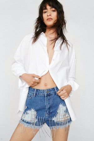 Kraťasy Nasty Gal Diamante Fringe Distressed Jean Blankyt | CZ 6075-DGRIW