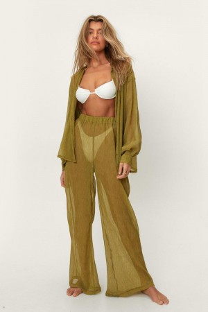 Plavky Nasty Gal Plisse Široké Leg Beach Trousers Olivy Zelené | CZ 9453-YXGSM