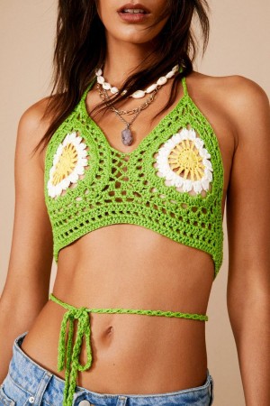 Podprsenka Nasty Gal Floral Crochet Co-Ord Flossed Pasem Top Zelene | CZ 8975-NQESG