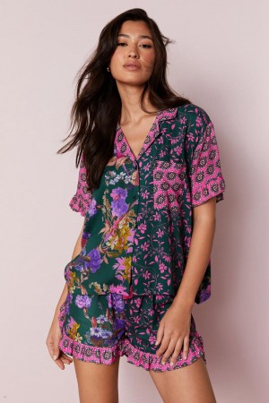 Sady Nasty Gal Floral Mix Print Ruffle Pajama Shorts Tyrkysové | CZ 9457-XEMCU