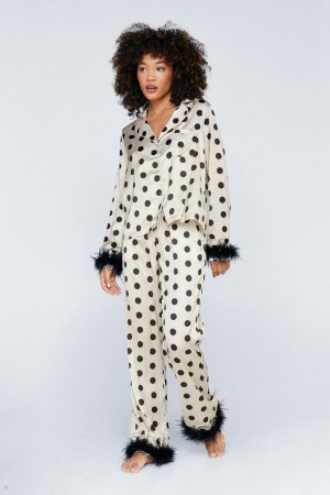 Sady Nasty Gal Polka Dot Feather Trim & Pants Pajama Bílé | CZ 4362-NWLQU