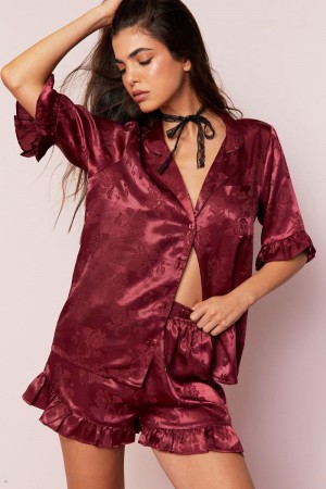 Sady Nasty Gal Satin Floral Jacquard Ruffle Pajama Shorts Vínové | CZ 6927-NODKH