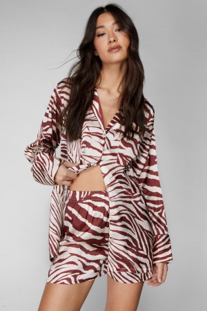 Sady Nasty Gal Satin Zebra Oversized Pajama Shorts Čokolády | CZ 4981-FLTJB