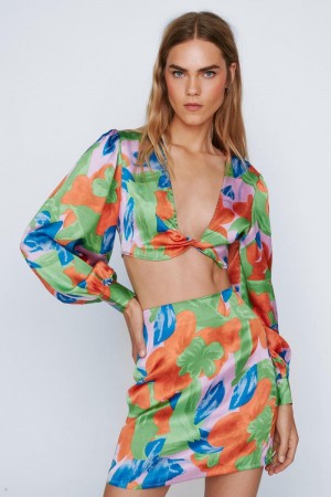 Sukně Nasty Gal Bold Floral Print Satin Mini Zelene | CZ 2043-CLHNR