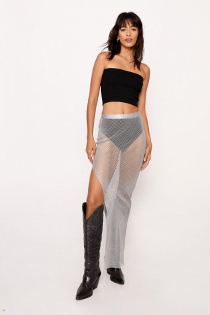 Sukně Nasty Gal Diamante Mesh Maxi Split Stříbrné | CZ 6274-ETBWJ