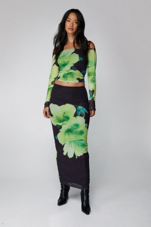 Sukně Nasty Gal Floral Print Mesh Maxi Zelene | CZ 9581-RHGDN