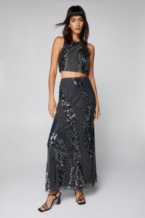 Sukně Nasty Gal Hand Beaded Panel Detail Maxi Šedé | CZ 7341-XJYVL