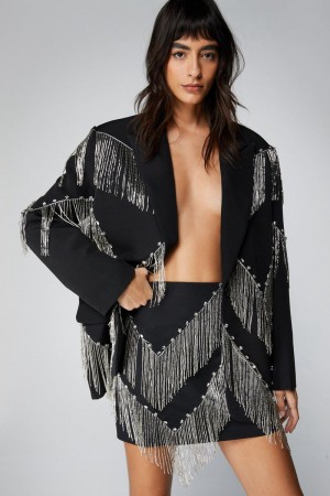 Sukně Nasty Gal Premium Studded Fringe Embellished Mini Černé | CZ 7526-ATQOM