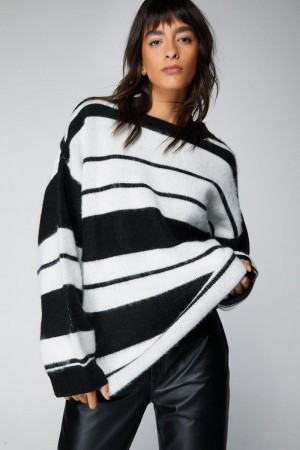 Svetry Nasty Gal Stripe Brushed Pletené Oversized Černé Bílé | CZ 2349-WPVNR