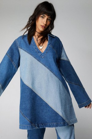 Topy Nasty Gal Denim Colorblock Tunic Viacfarebný | CZ 0745-JNXCW