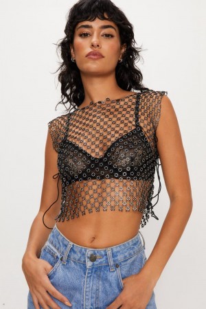 Topy Nasty Gal Diamante Flower Mesh Černé | CZ 4816-GKXTM