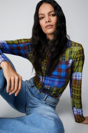 Topy Nasty Gal Plaid Slinky Funnel Neck Viacfarebný | CZ 7041-XNSTE