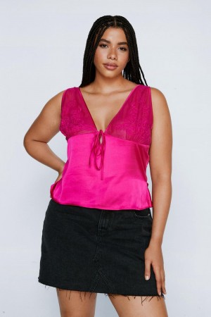 Topy Nasty Gal Plus Velikost Krajkové Detail Satin Camisole Růžové | CZ 9564-NDWTQ