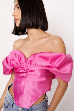 Topy Nasty Gal Satin Twill Off The Shoulder Puff Sleeve Corset Růžové | CZ 6420-KBWVR