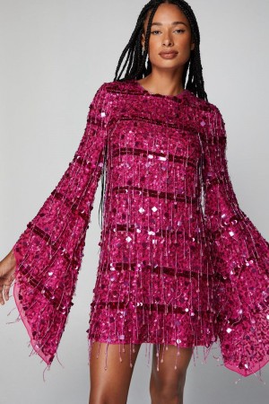 Šaty Nasty Gal Beaded Tassel Flare Sleeve Mini Růžové | CZ 1254-VFQER