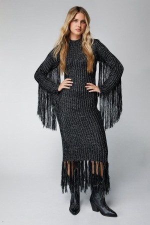 Šaty Nasty Gal Metallic Fringe Knit Midi Černé | CZ 9321-NXQUL