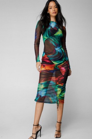 Šaty Nasty Gal Printed Mesh Ruched Midi Černé | CZ 4017-GPUKD