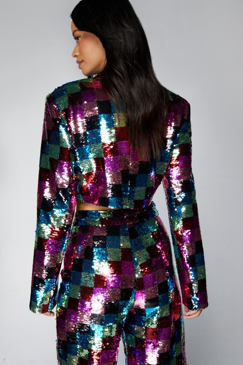 Blejzr Nasty Gal Checkerboard Sequin Cropped Viacfarebný | CZ 3148-YXECP