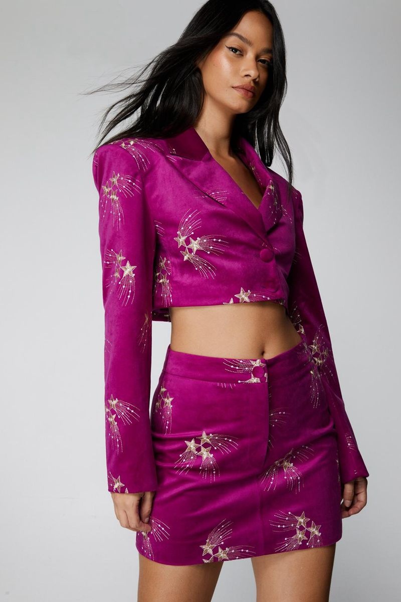 Blejzr Nasty Gal Premium Embroidered Velvet Cropped Fialové | CZ 9024-FGJLQ