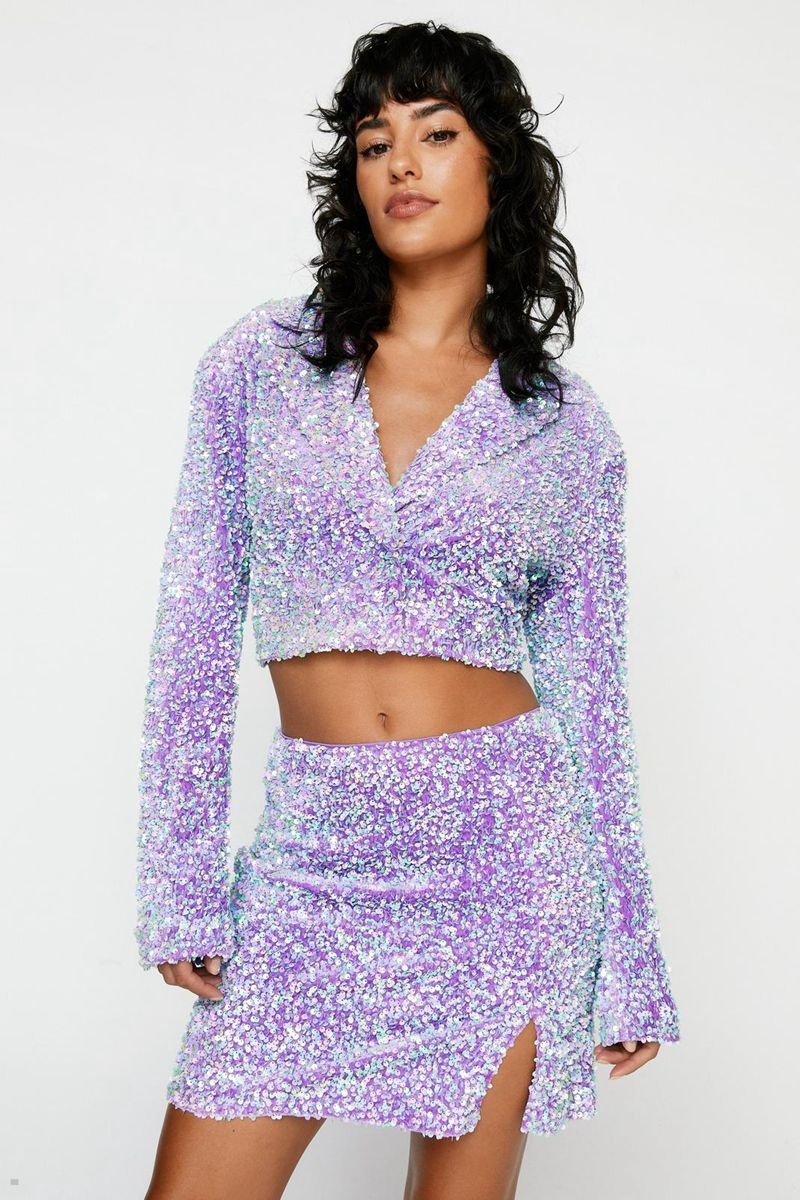 Blejzr Nasty Gal Premium Sequin Cropped Fialové | CZ 7936-RIETX