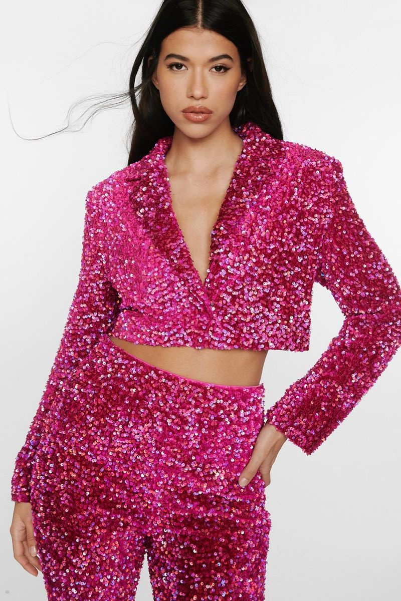 Blejzr Nasty Gal Velvet Sequin Cropped Růžové | CZ 5678-AYFVT