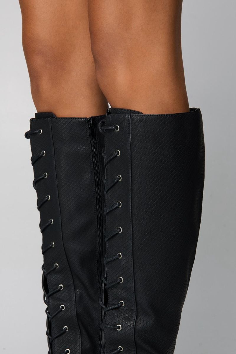 Boty Nasty Gal Faux Læder Snake Pointed Špicí Krajkové Up Knee High Černé | CZ 8472-IQWHU